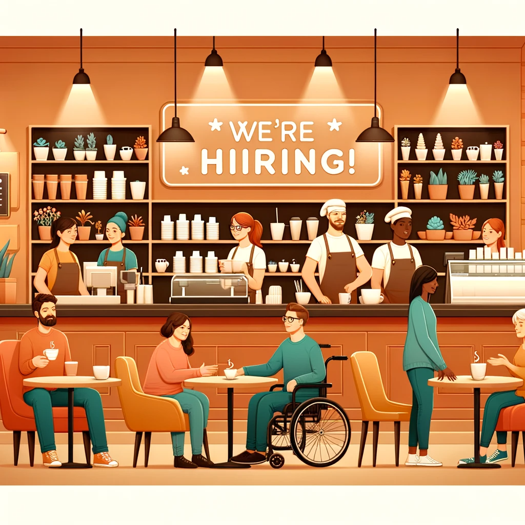 Visual Description: The image is a flat graphic-style illustration of a cozy cafe. The color palette is warm with shades of brown, tan, and muted greens, creating a welcoming atmosphere. At the top, a large, illuminated "WE'RE HIRING!" sign hangs against a dark brown wall.
Below the sign, there is a cafe bar with three baristas: a woman with red hair tied in a bun, wearing glasses; a man with a beard and a white cap; and another woman with short black hair and a white bandana. They are behind a counter stocked with coffee cups, a coffee machine, and other barista equipment. Shelves with plants and coffee-related items are above them.
In the foreground, there are customers seated at tables. On the left, a bearded man in a teal shirt and orange pants sits with a coffee cup, engaged in conversation with a woman in a coral dress. In the center, a person with short brown hair, wearing a blue sweater and green pants, is seated in a wheelchair, gesturing while talking to a woman across the table in a teal blouse. On the right, a woman in a long blue dress stands, facing away, conversing with an elderly woman seated at a table, who has grey hair and wears a peach cardigan.
The environment is friendly and lively, with all characters appearing engaged and content. The cafe's ambiance, characterized by soft lighting and comfortable furniture, and the active engagement of the characters, suggest an inclusive and inviting social space.